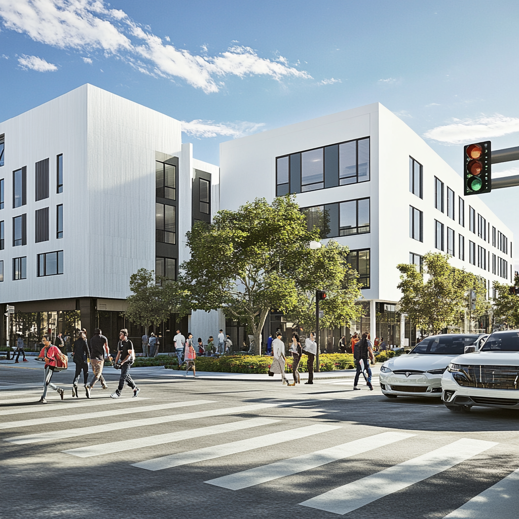 City scene with modern building, people, green central garden.