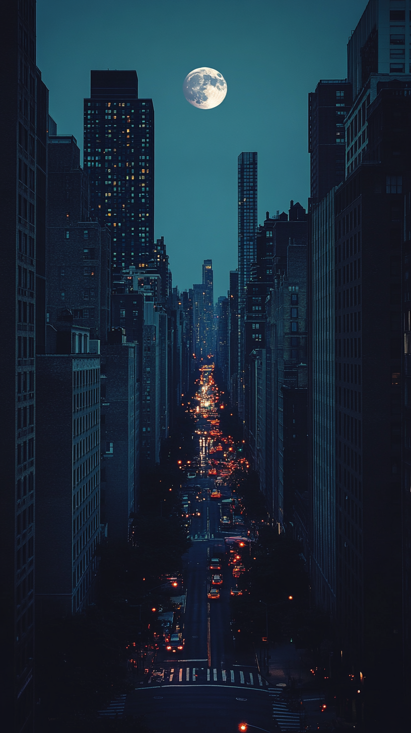 City skyline at night with moon in the sky.