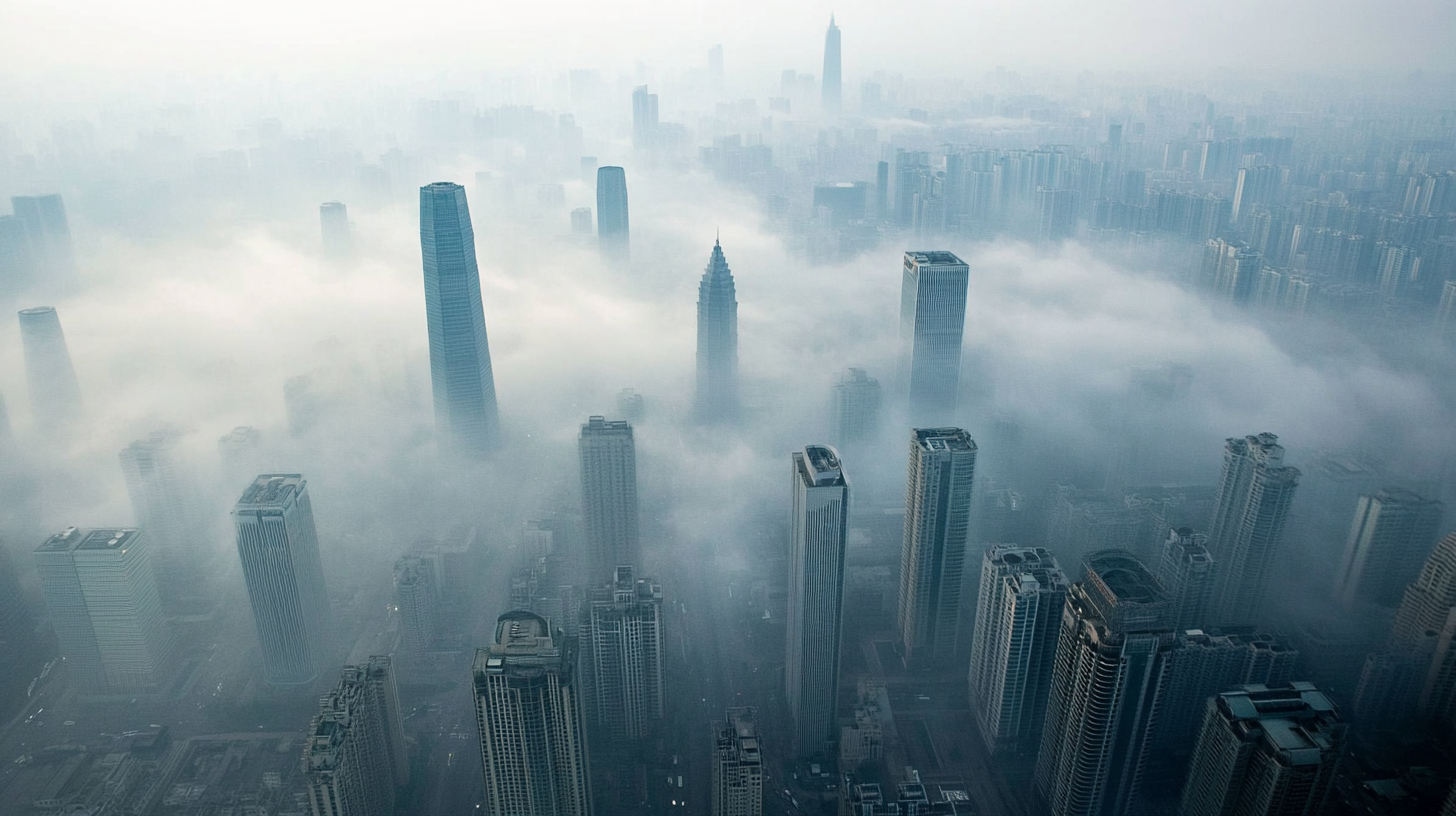 City skyscrapers barely visible through thick pollution haze_solution needed