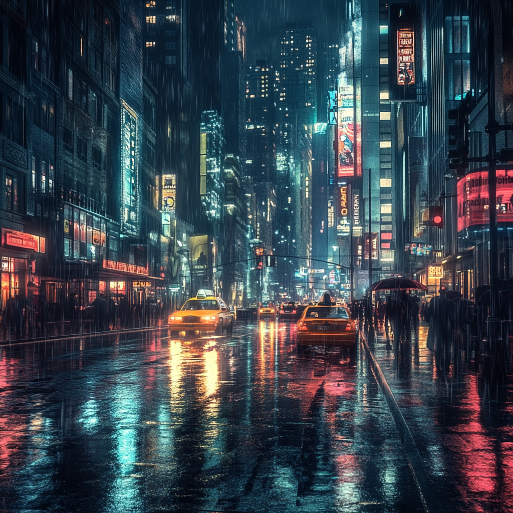 Cityscape during rainy evening with city lights reflecting.