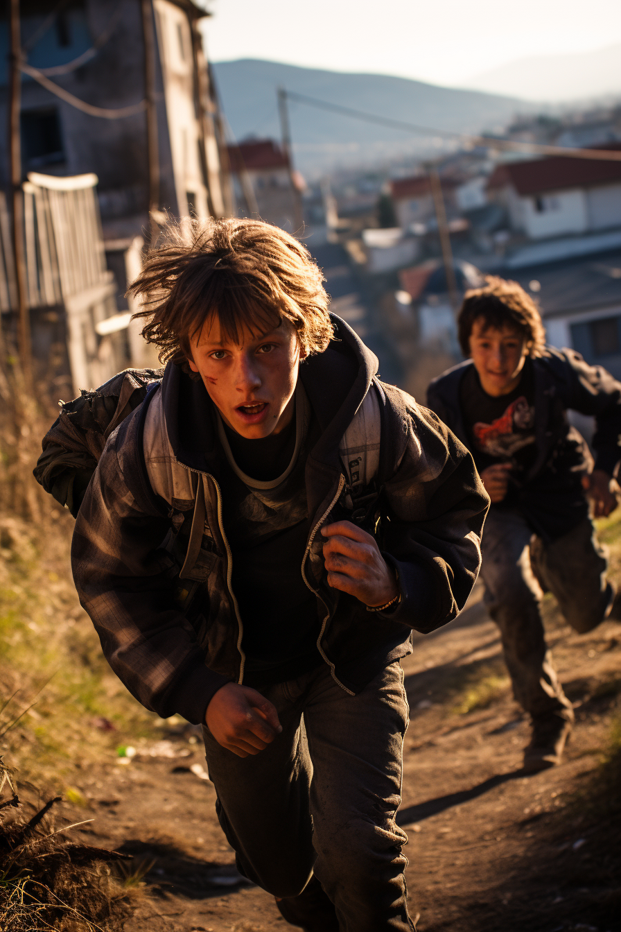 Boys running from police in Kosovo