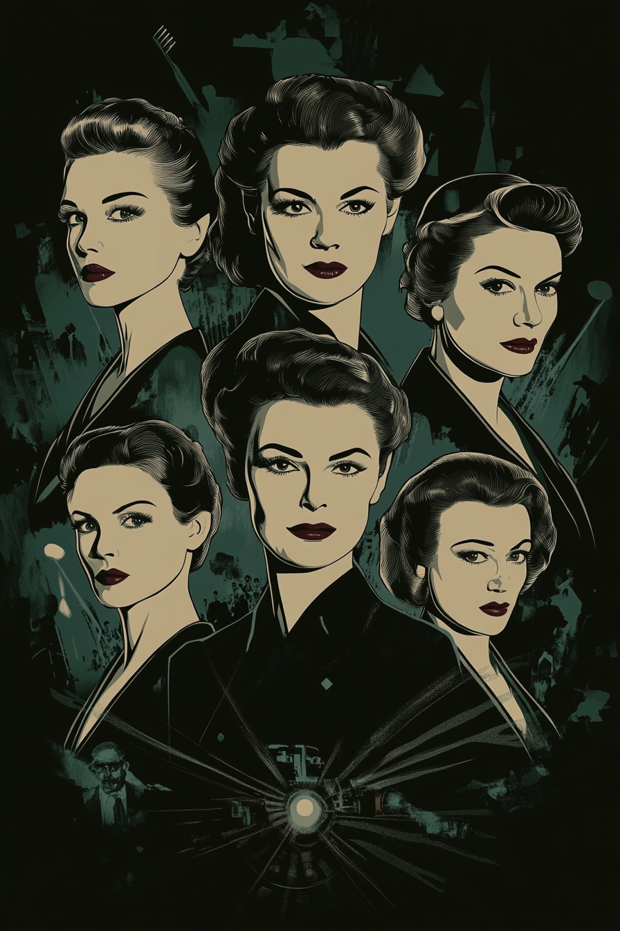 Classic Actresses in Stylish Noir Artwork: Hitchcock Influence