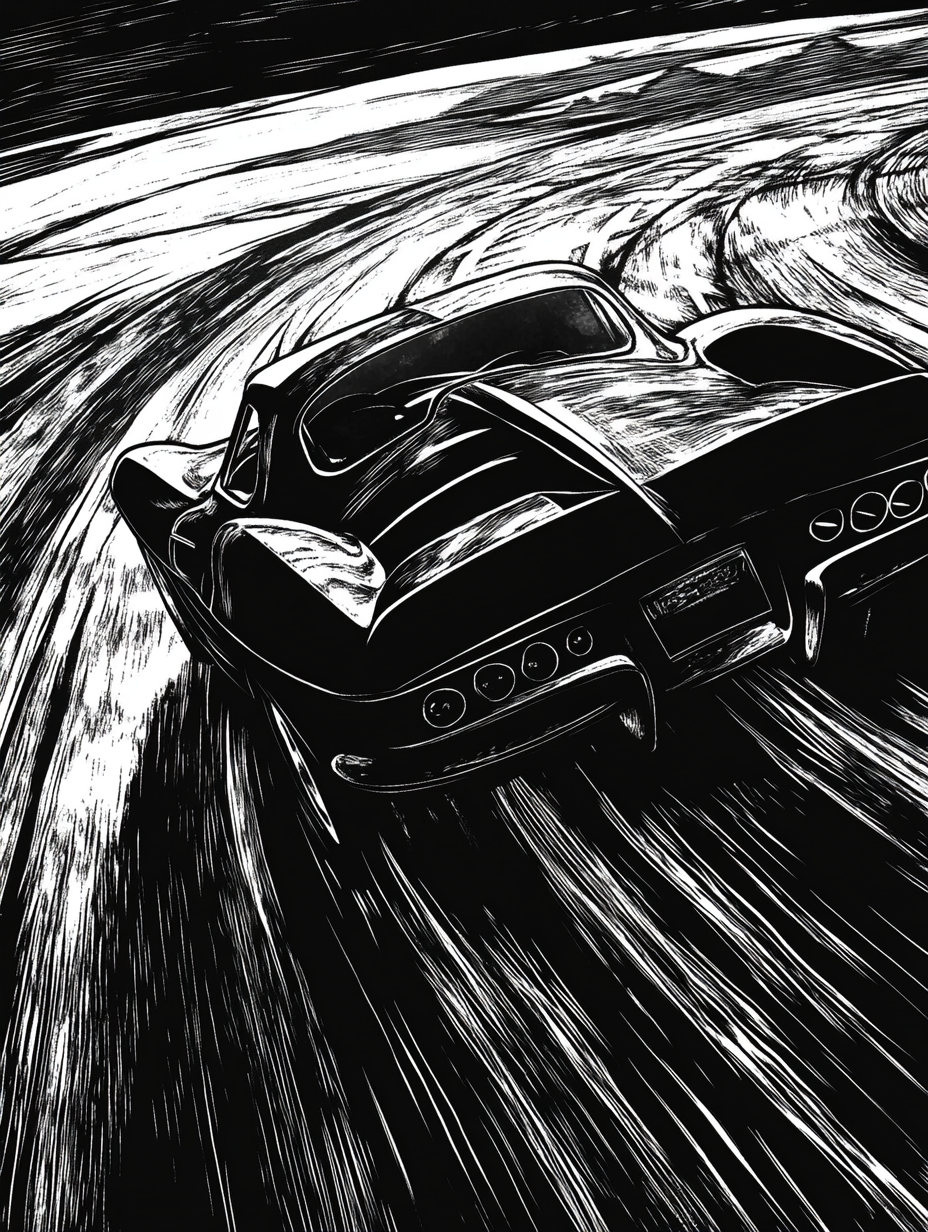 Classic Corvette racing in a detailed woodcut image.