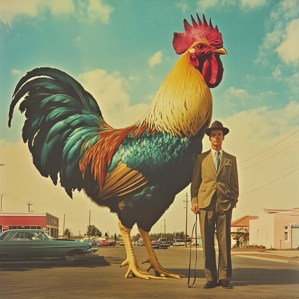 Classic Man and Giant Rooster: Vintage American Ad