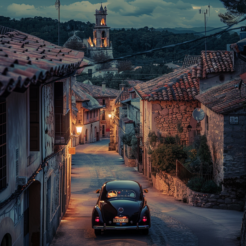 Classic car drives through illuminated Spanish village.