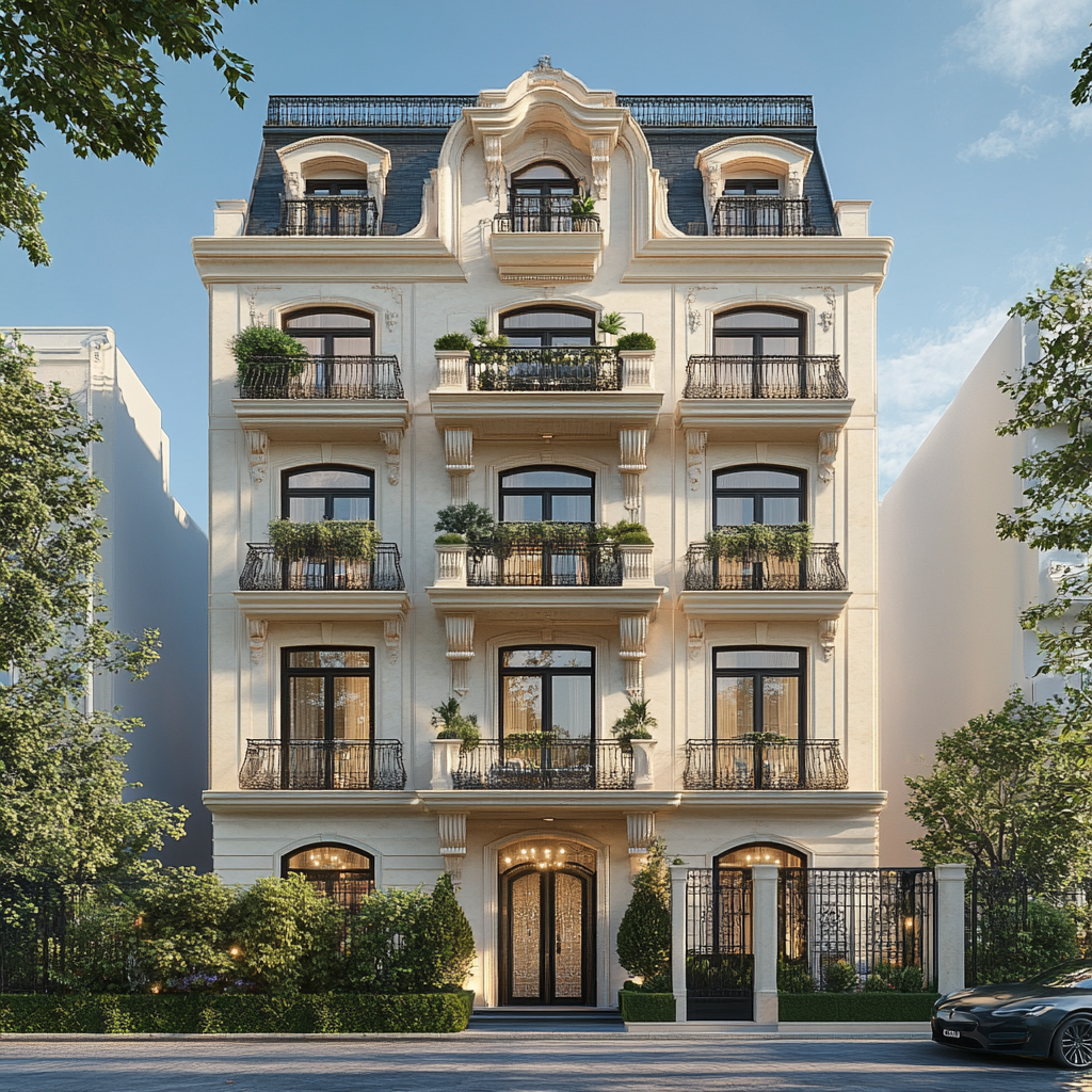 Classic design building with penthouse, balconies, and plants.