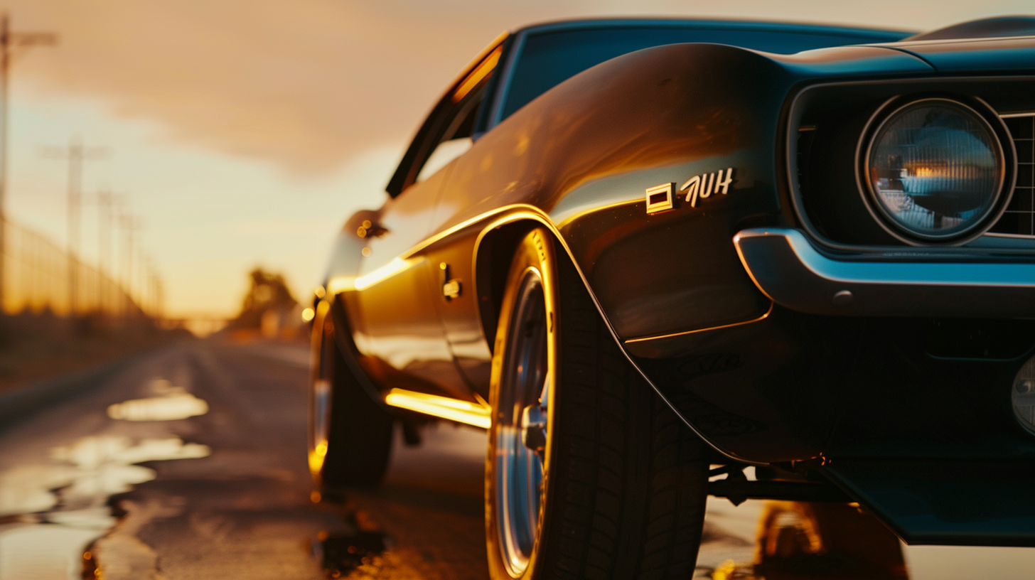 Classic muscle car under sunset on highway, 4k scene.