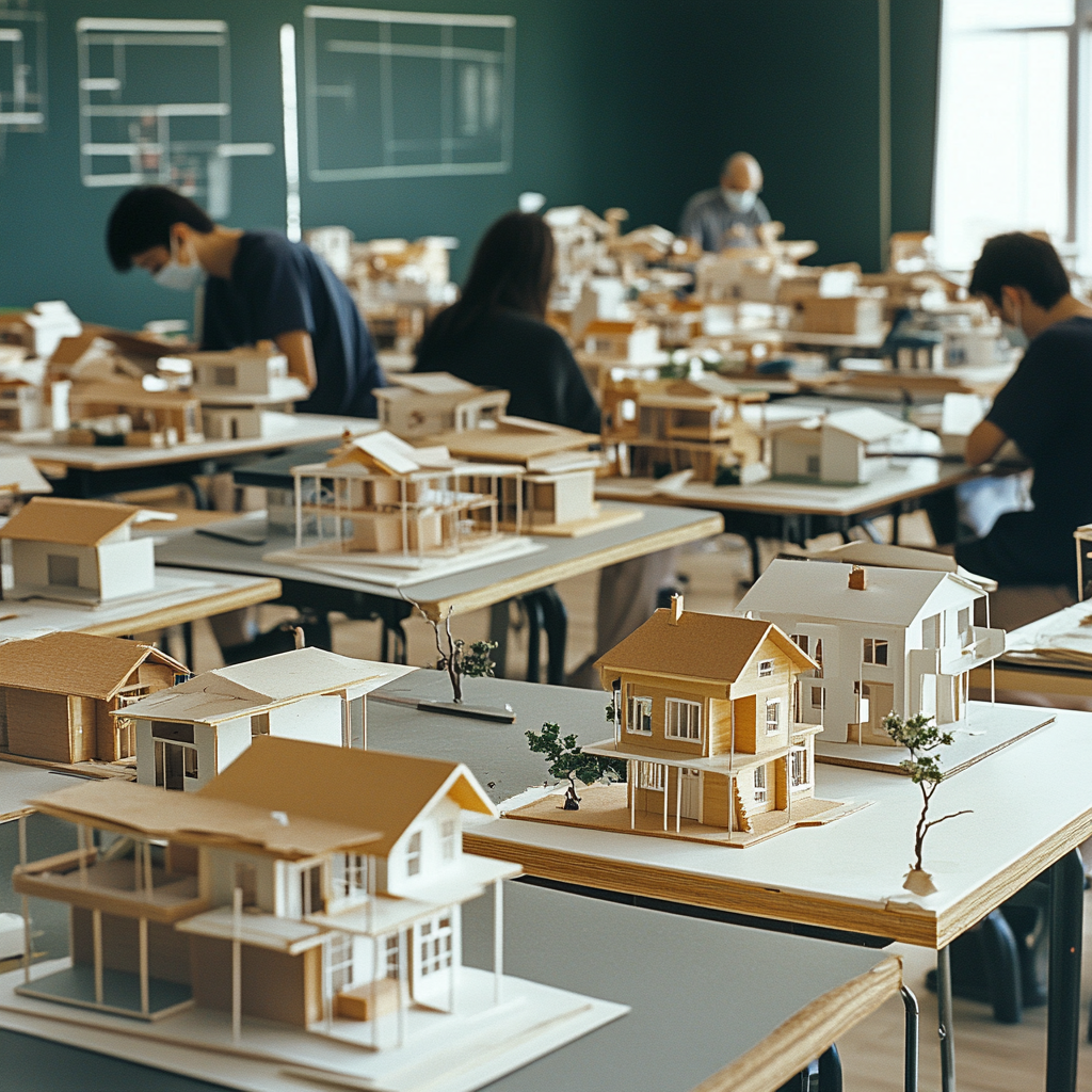 Classroom of professionals studying doll houses like scientists.