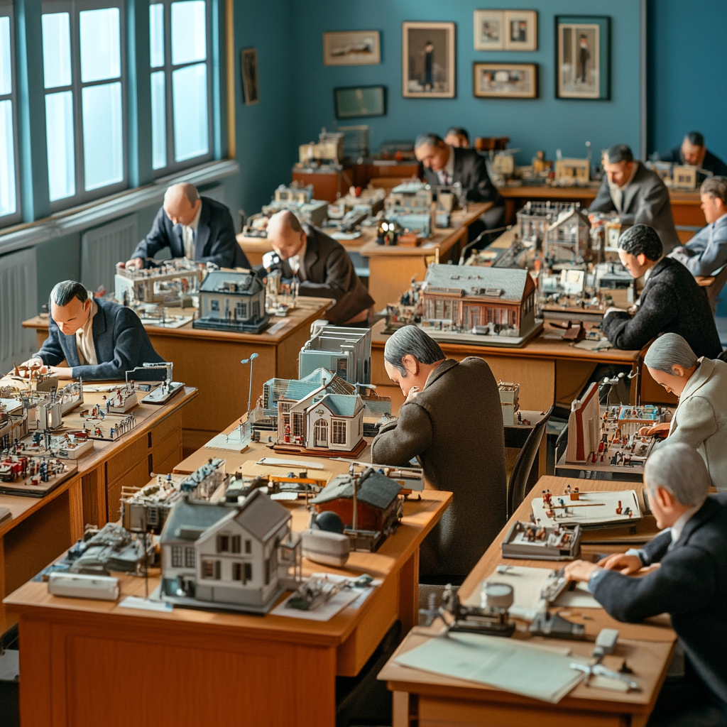 Classroom with professionals studying doll houses intently.