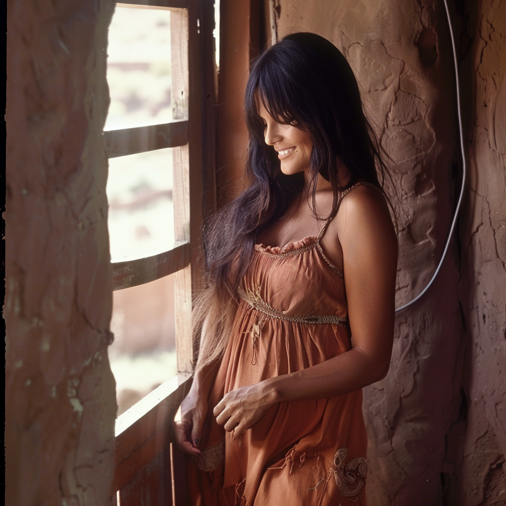 Claudia Cardinale in brown peasant dress by window smiling.