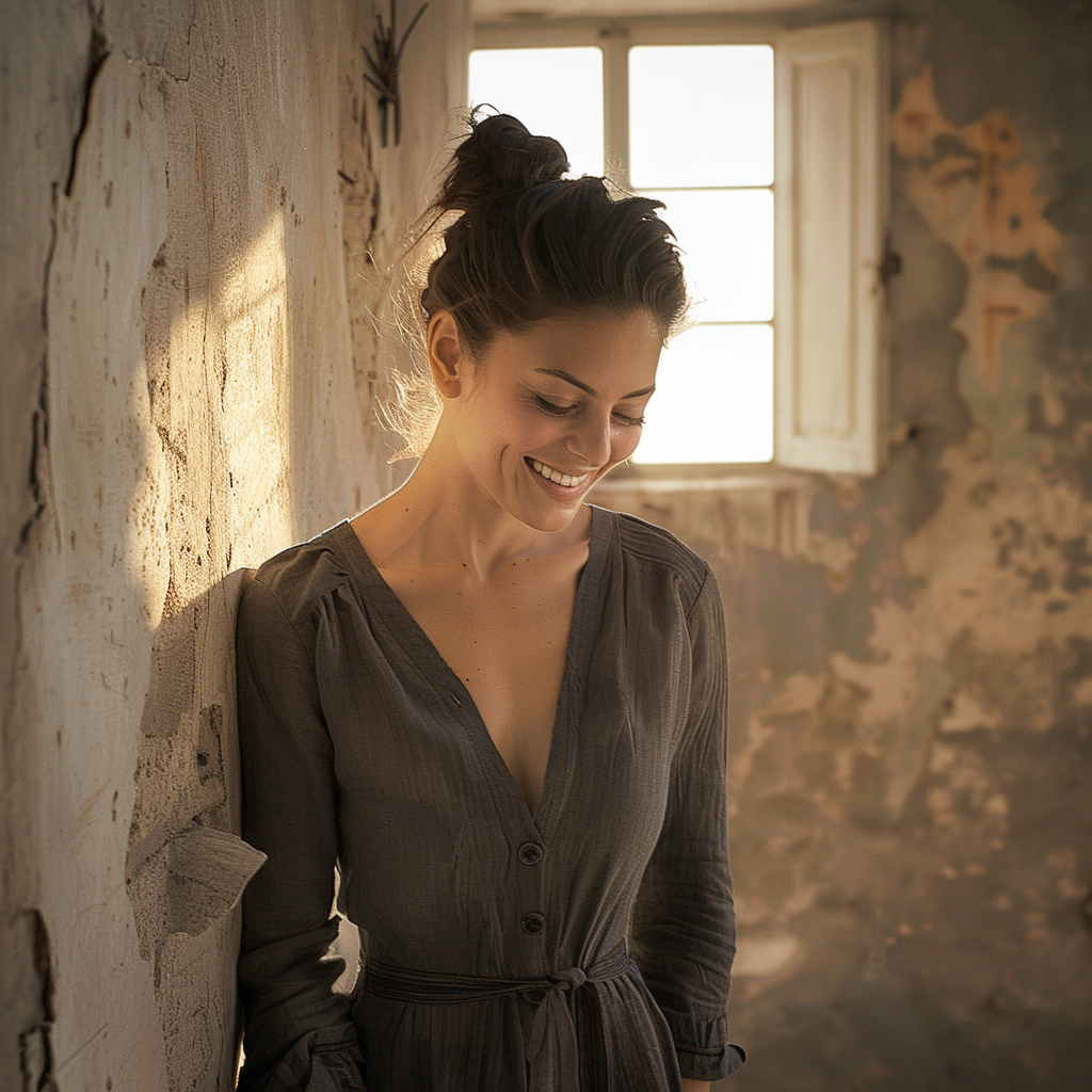 Claudia Cardinale look-alike in dark grey dress smiling.