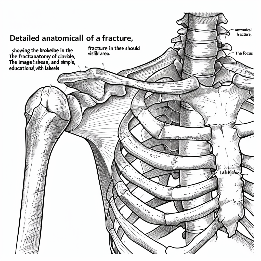 Clavicle fracture anatomy with clear fracture line and labels.