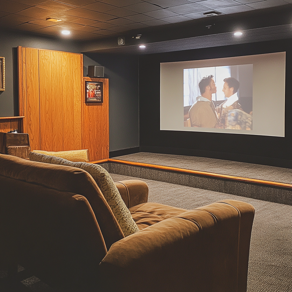 Clean, Scandinavian-inspired home theater with midcentury modern design.