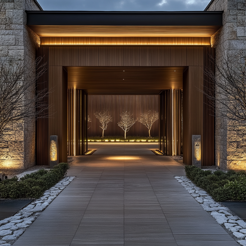 Clean, natural entrance with warm lighting and minimal signage.