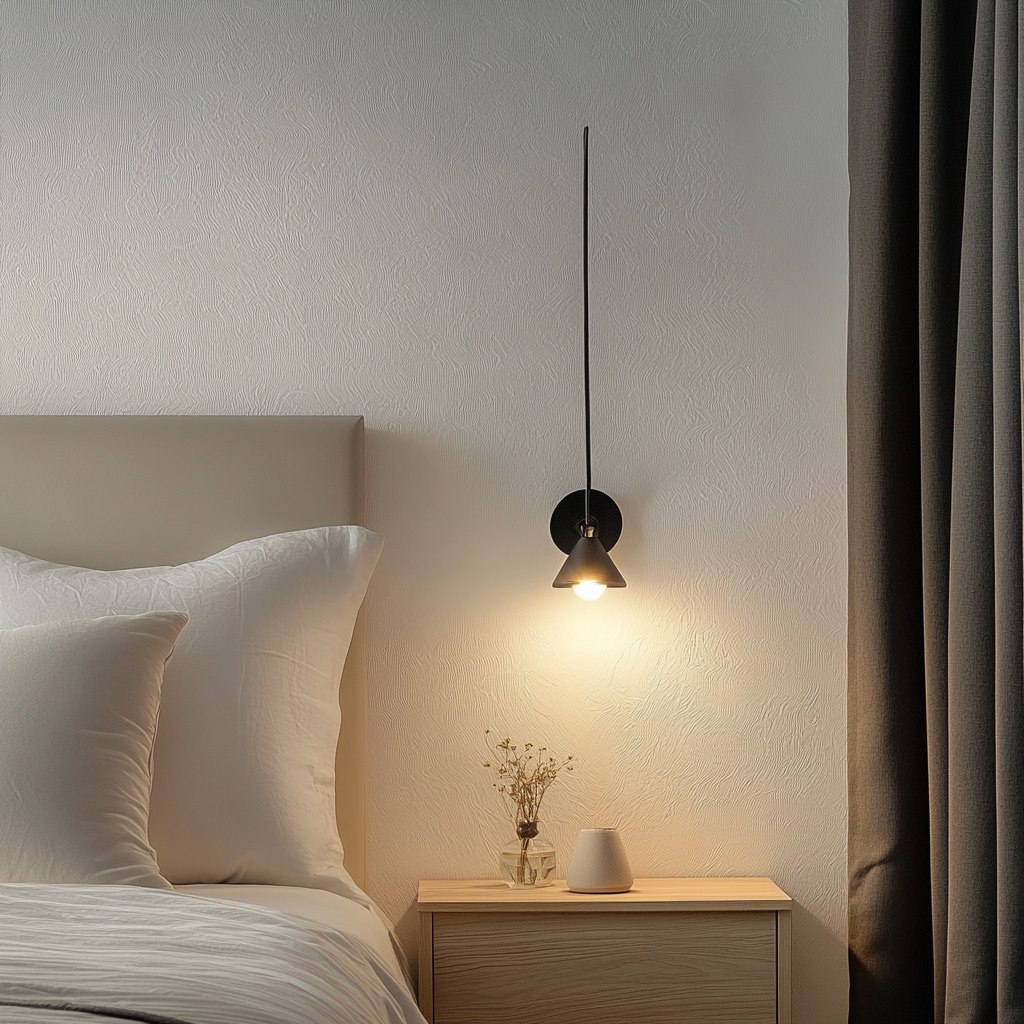 Clean, serene bedroom scene with minimalist bedside table.