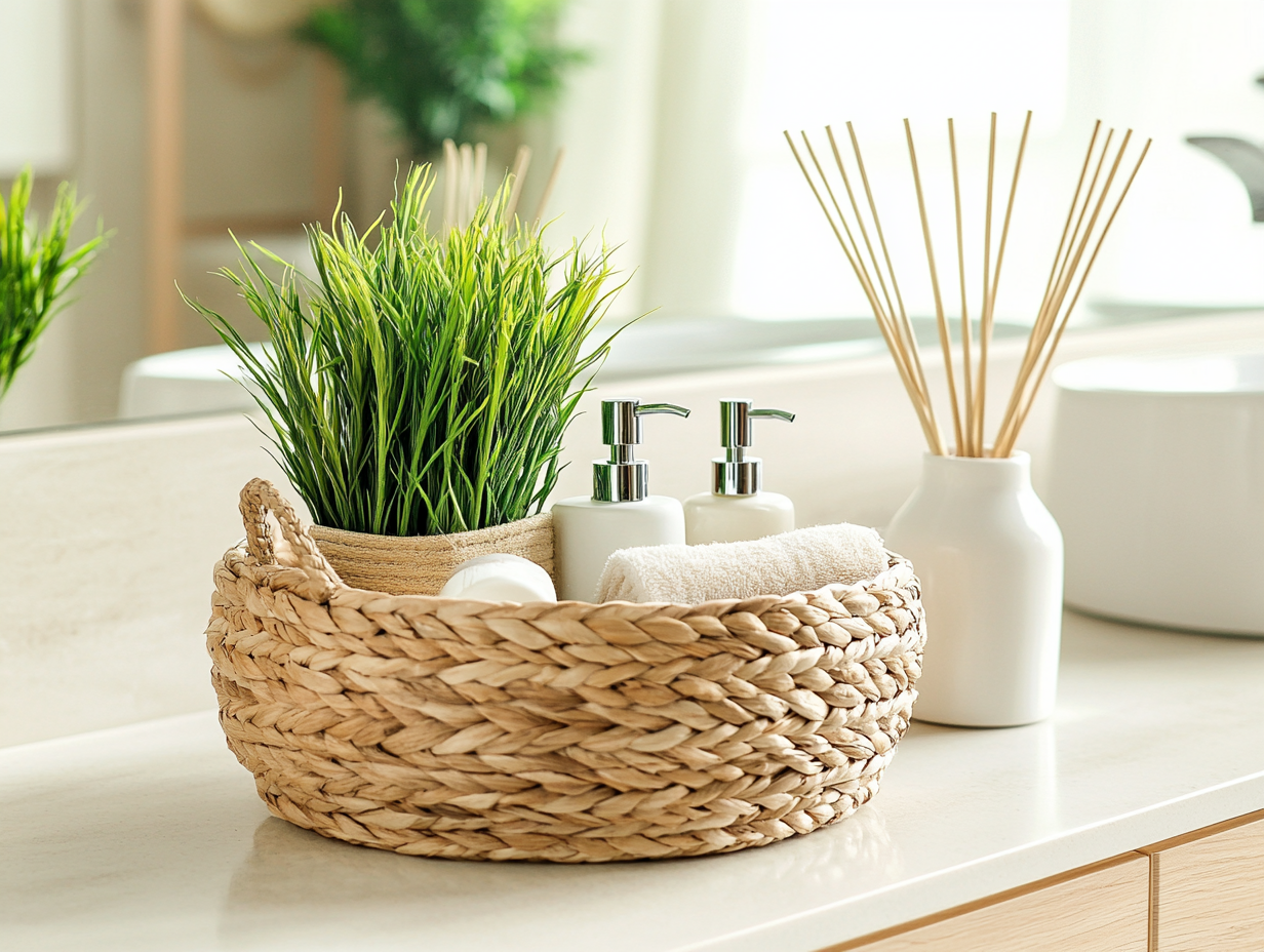 Clean Bathroom Countertop with Toiletries and Plant 4:3