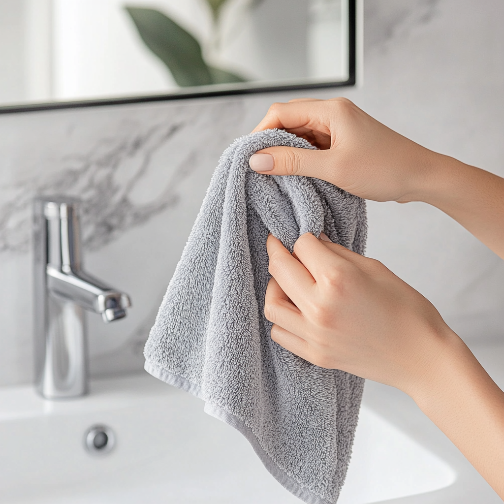 Clean Mirror Woman Wiping with Gray Towel