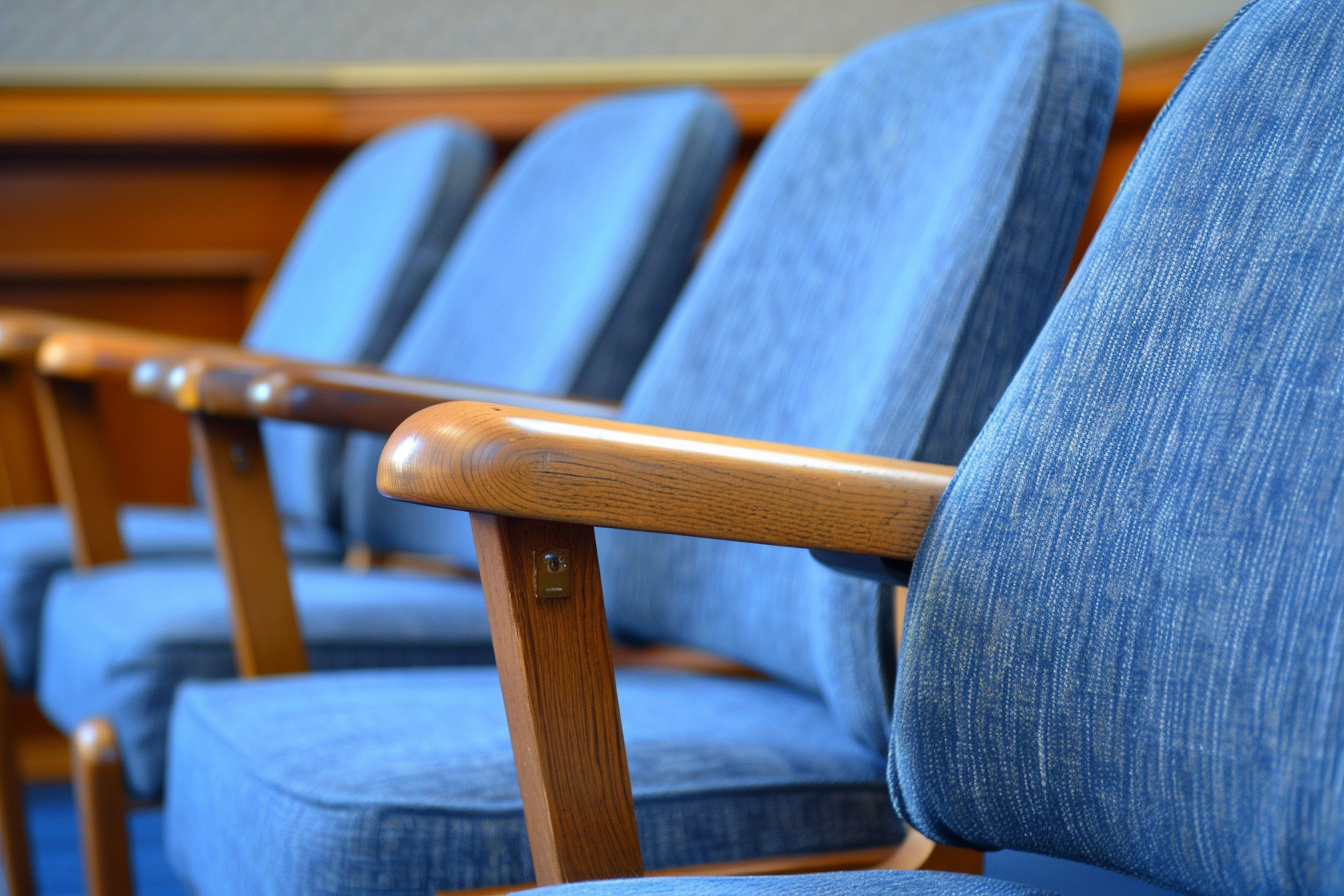 Clean blue seats in orderly auditorium under soft light