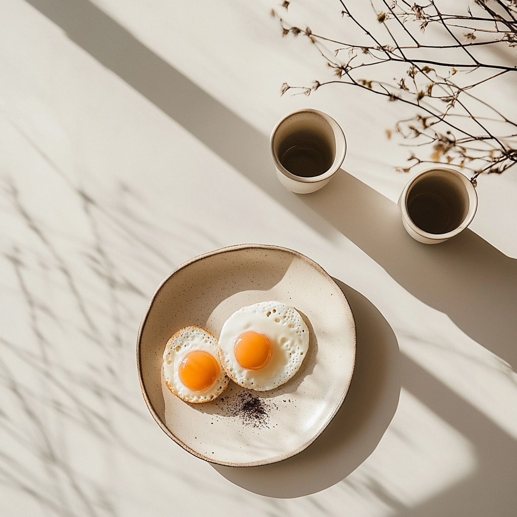 Clean breakfast with minimalist design, geometric shapes, calm background.