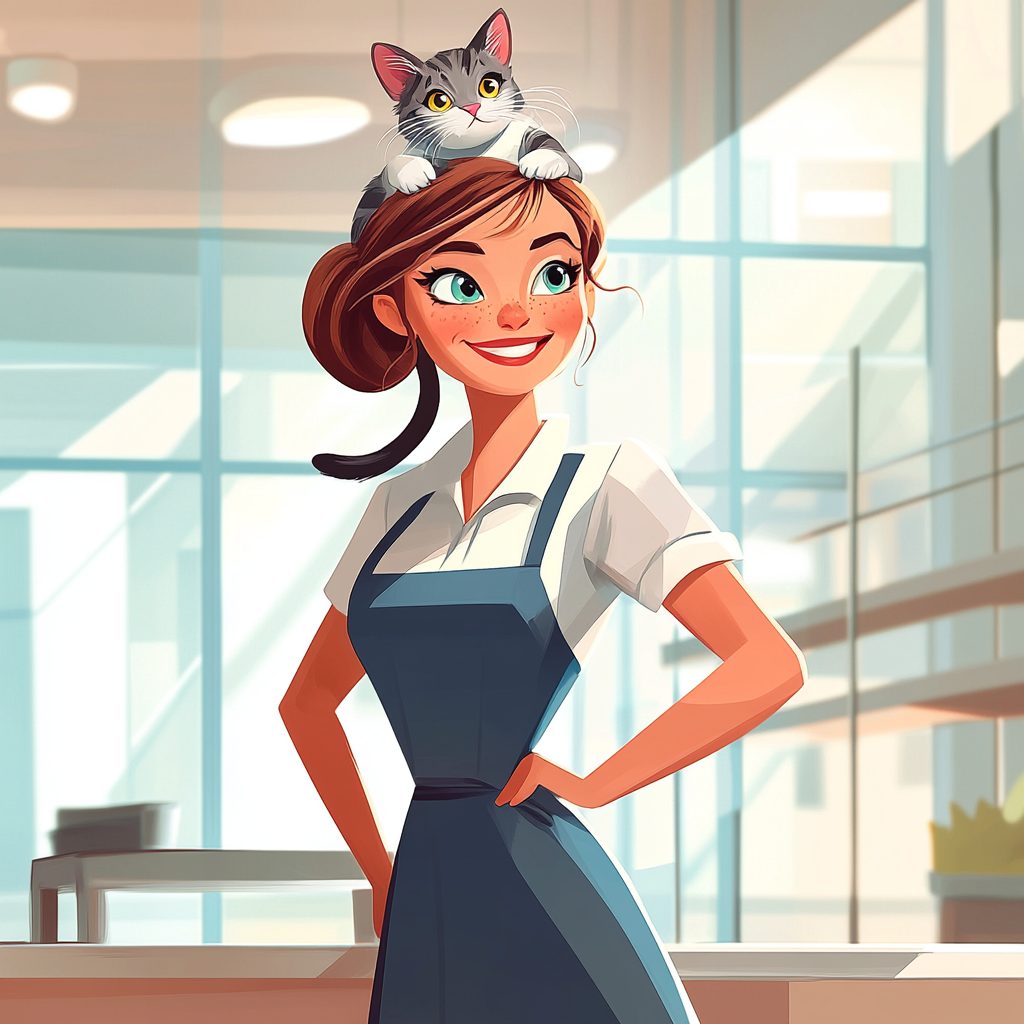 Cleaning Woman with Cat in Modern Building