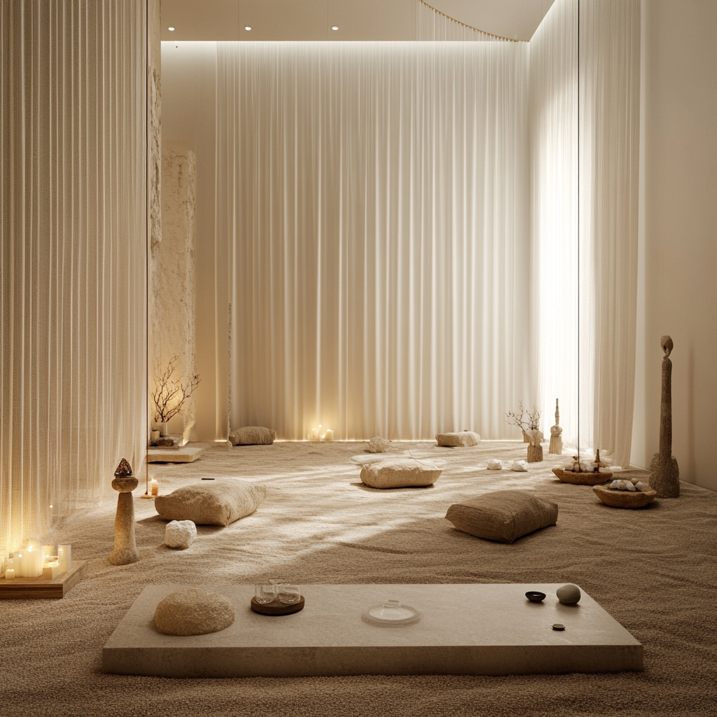 Cleansing space with natural materials, soft lighting, sacred atmosphere.