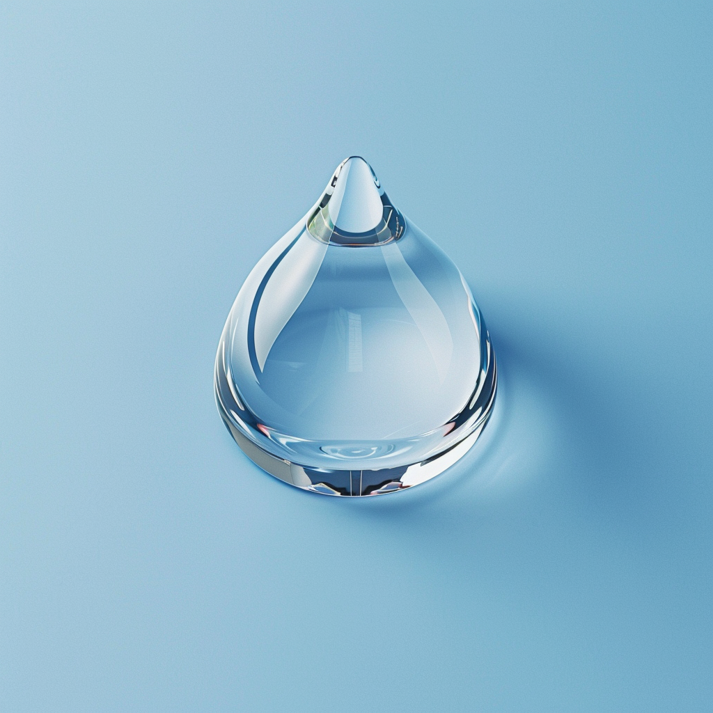 Clear water droplet on blue background with reflections.