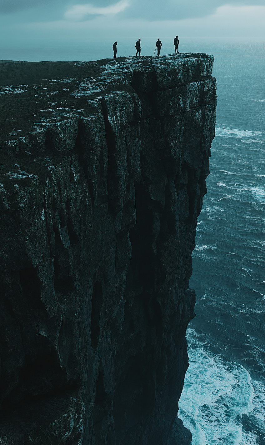 Climbers on Dark Stormy British Island Cliff