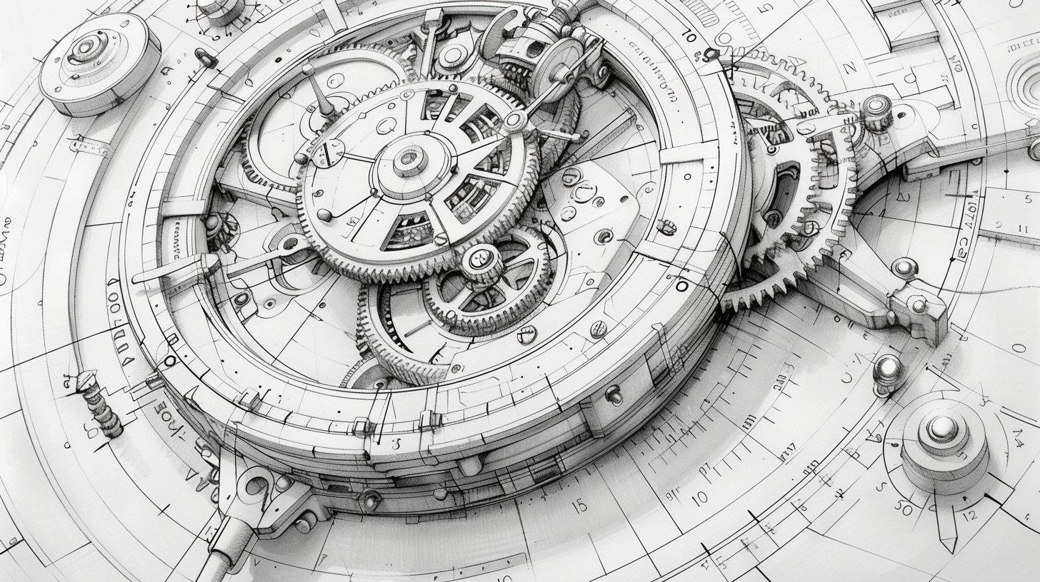 Clocktower design drawing with detailed gears and dials.