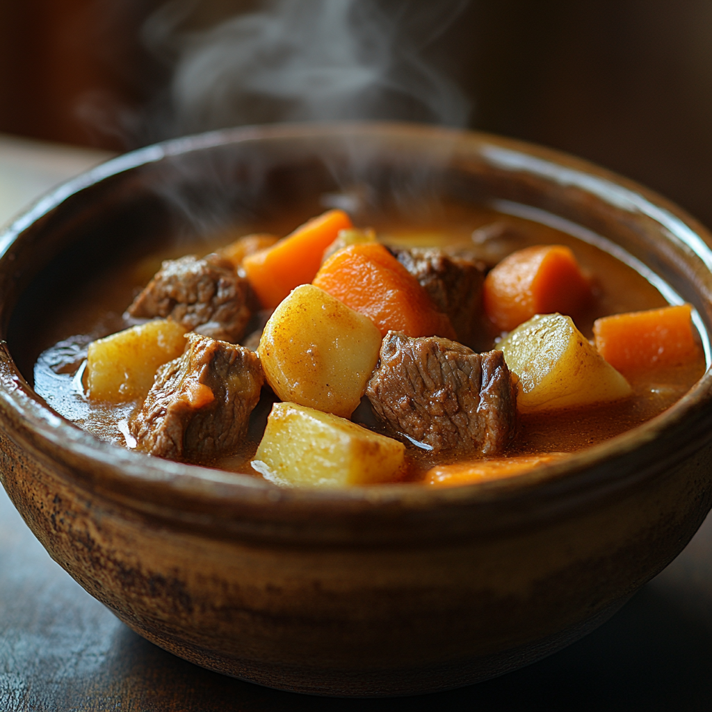 Close-Up Shot: Classic Beef Stew in Rustic Bowl