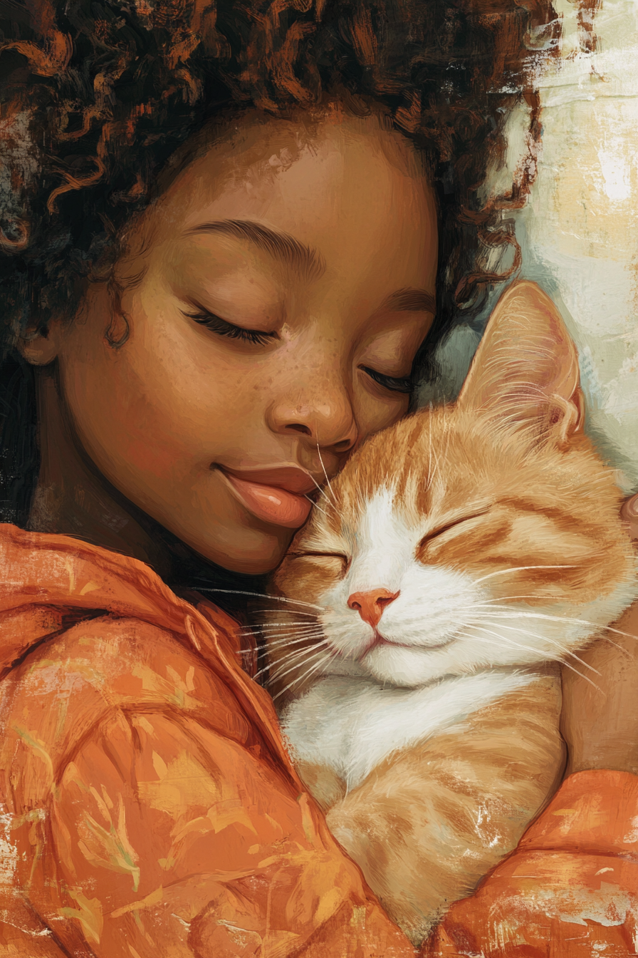 Close bond between girl and kitty cat illustration.