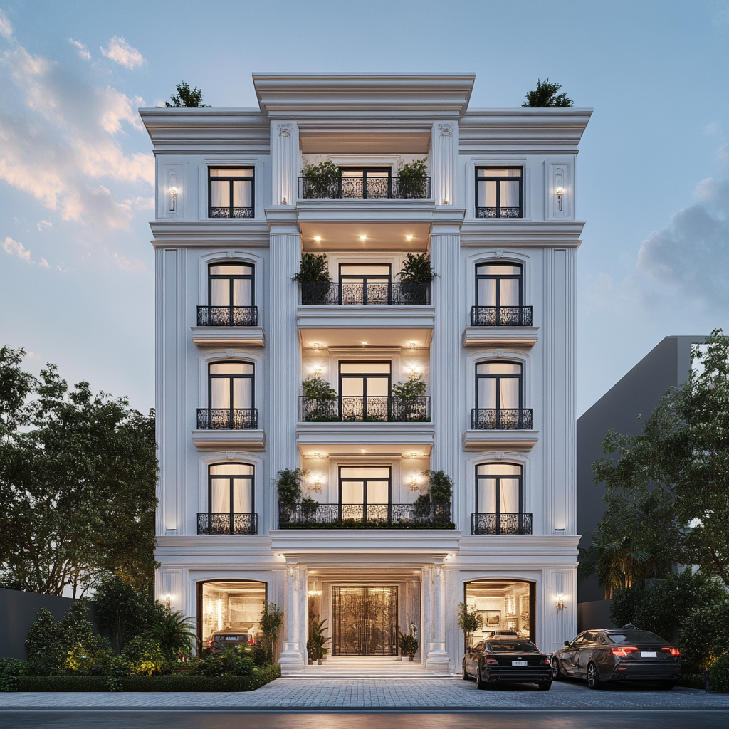 Close-out front 8-level building, 22 meters wide, penthouse, plants, car entrance.