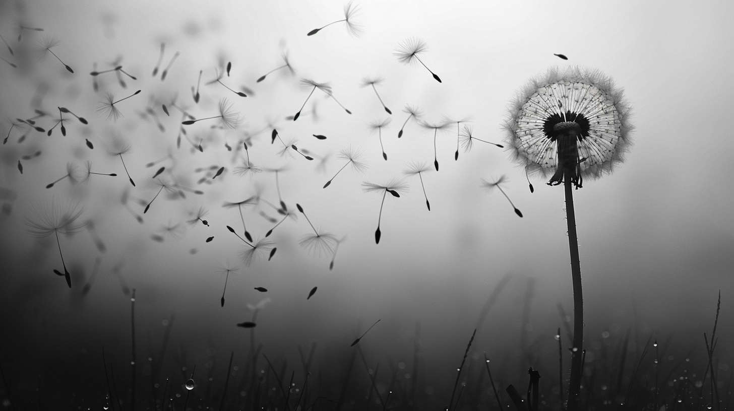 Close-up Dandelion Seeds Blowing in Black and White