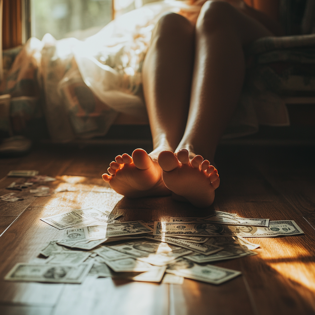 Close-up Woman's Feet Soles with Dollar Bills, Canon EOS-1D X Mark III