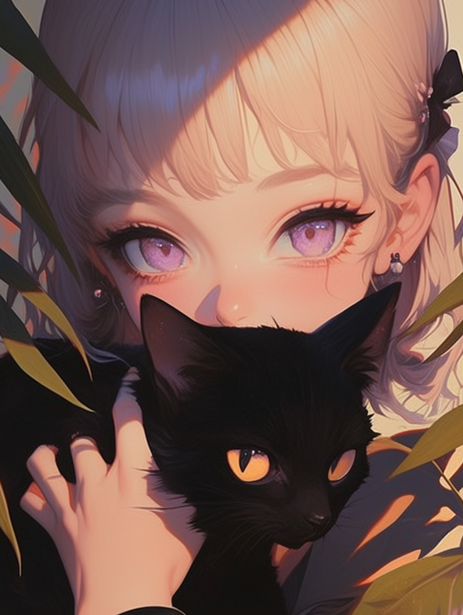 Close-up anime girl with purple eyes holding cat.