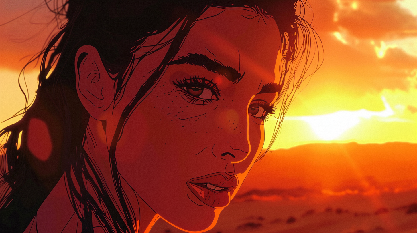 Close-up anime portrait of Kim Kardashian expressing sorrow.