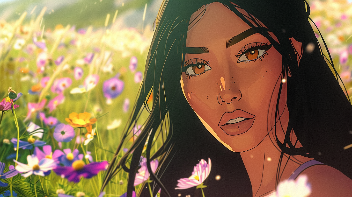 Close-up anime-style portrait of Kim Kardashian with meadow.