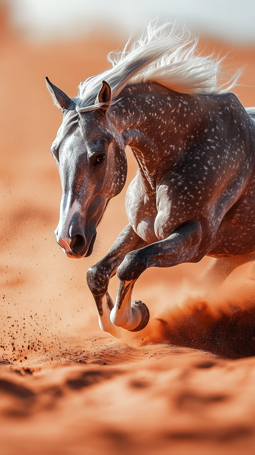 Close-up dark grey horse with white mane running.