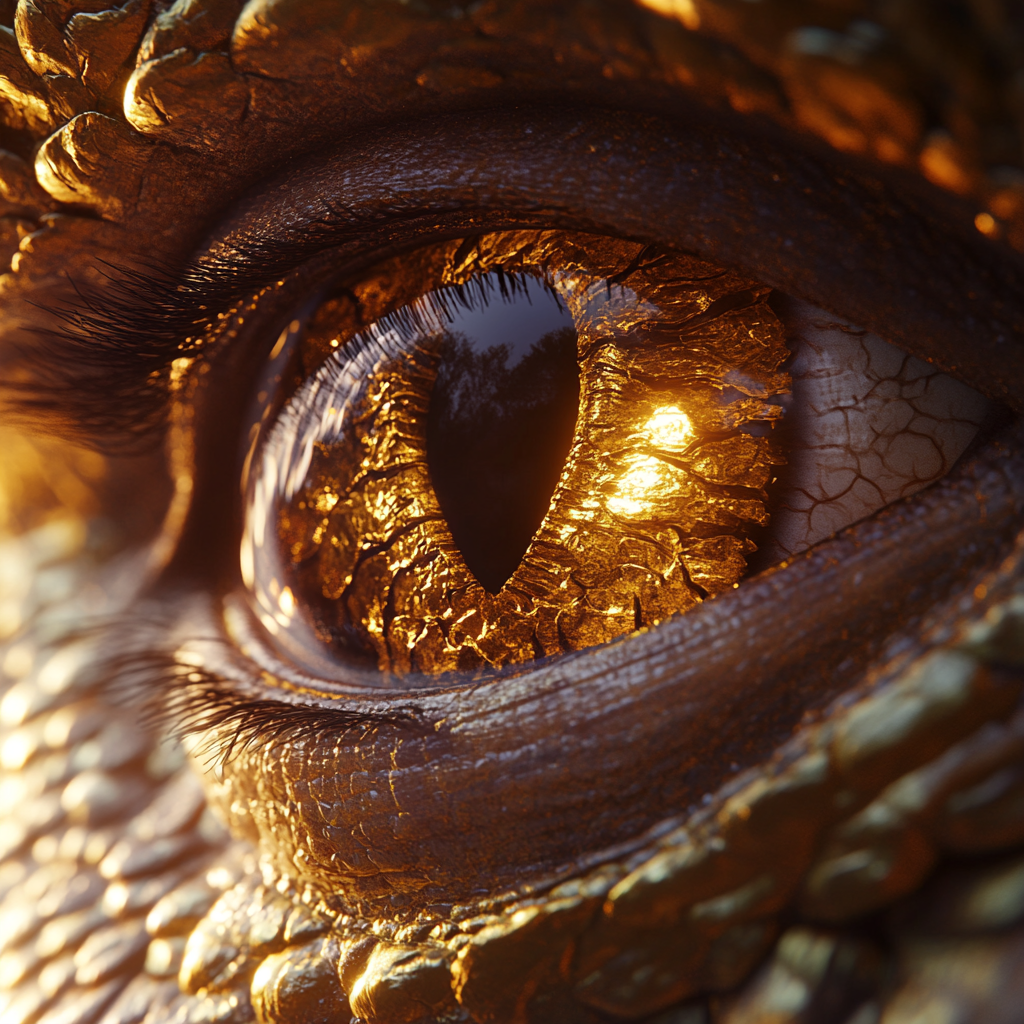 Close-up eye with scales and gold dragon style. Hyper-realistic animal illustration with smooth textures.