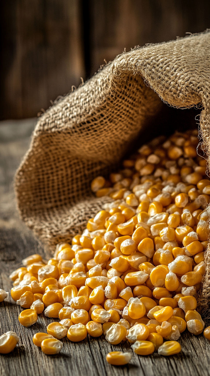 Close-up image of cracked corn kernels for animal feed.