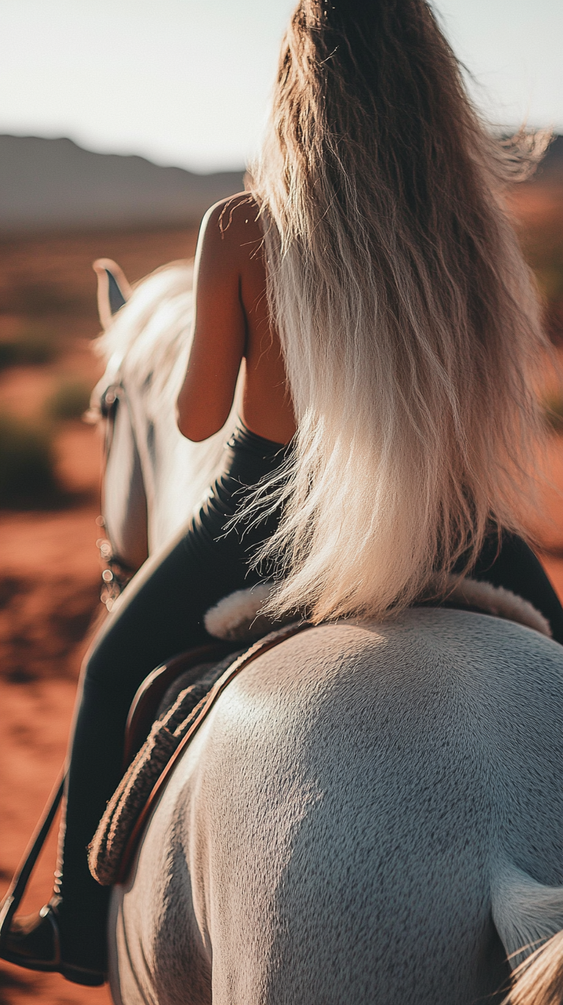 Close-up image of woman holding horse in desert sun.