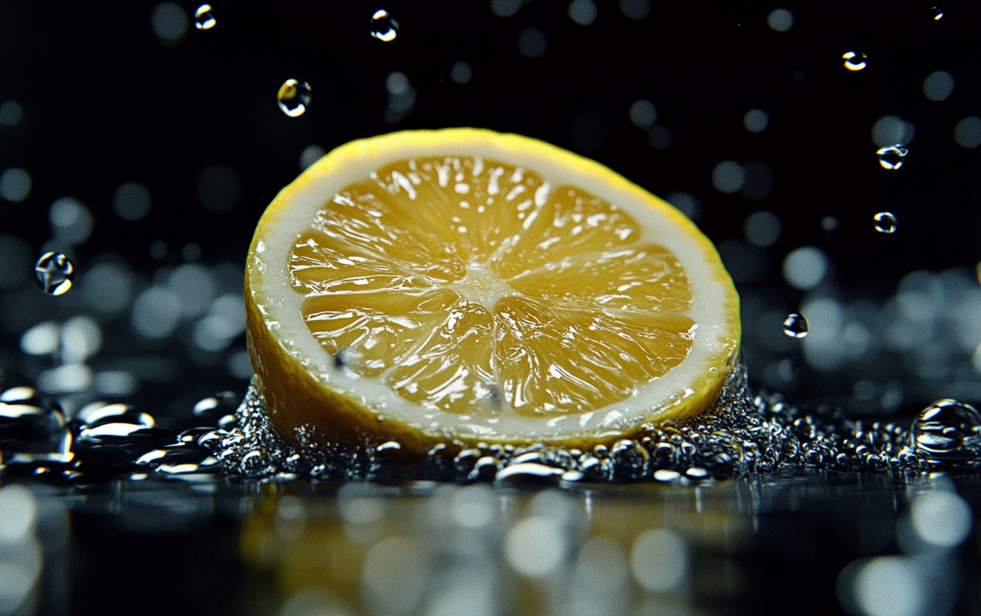 Close-up lemon slice in sparkling water, vibrant contrast.