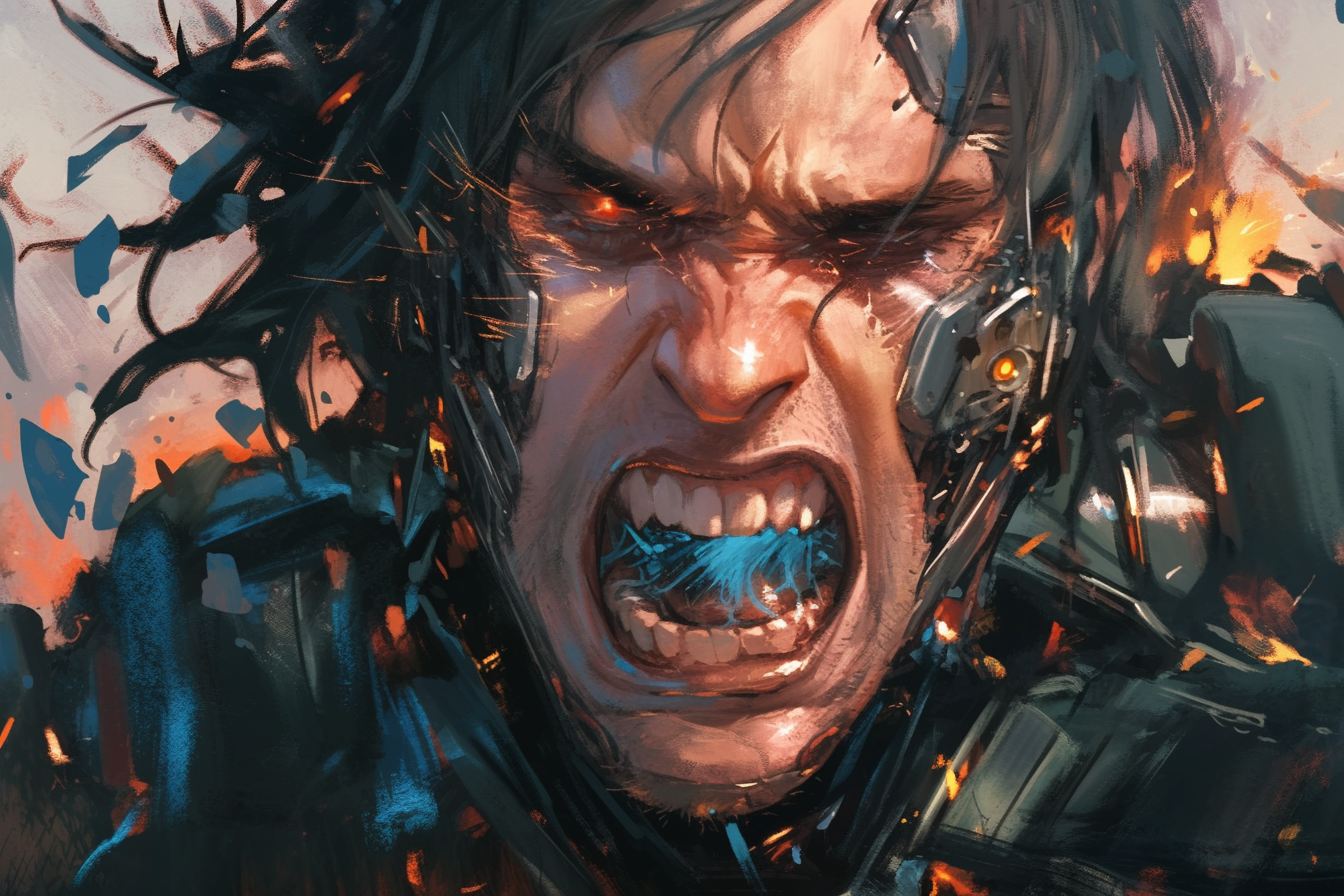 Close-up man with cybernetic face in realistic horror art