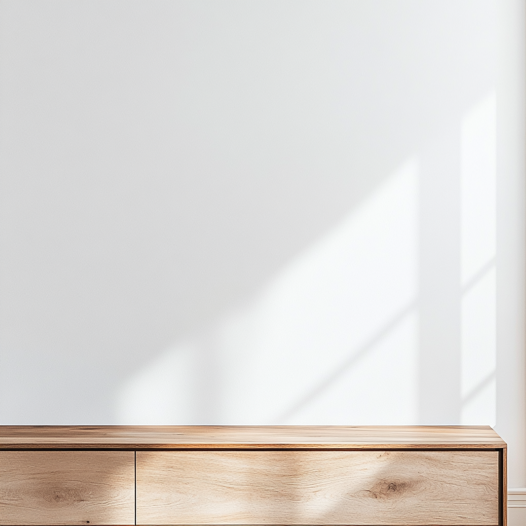 Close-up minimalist living room with plain white wall and vintage wooden cupboard.