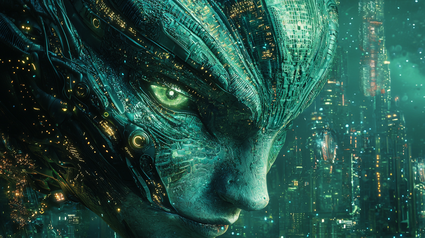 Close up of Alien Mermaid in underwater city.