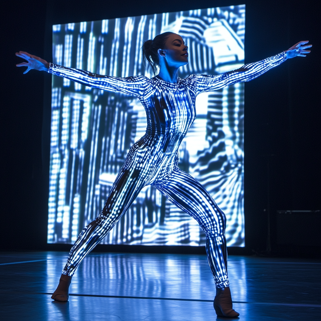 Close-up of Dancer's Blue and White Jumpsuit.