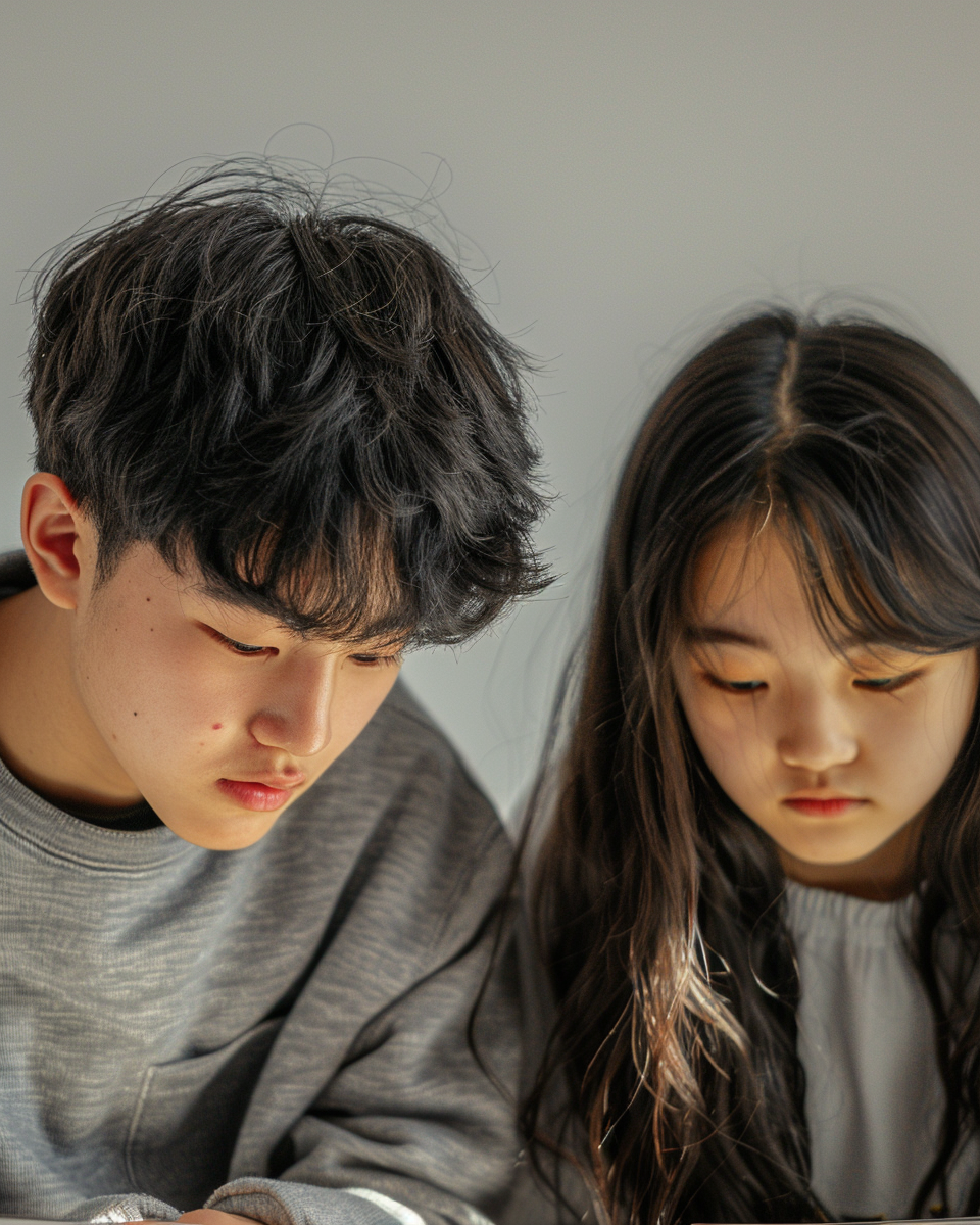 Close-up of Korean middle school students immersed in English