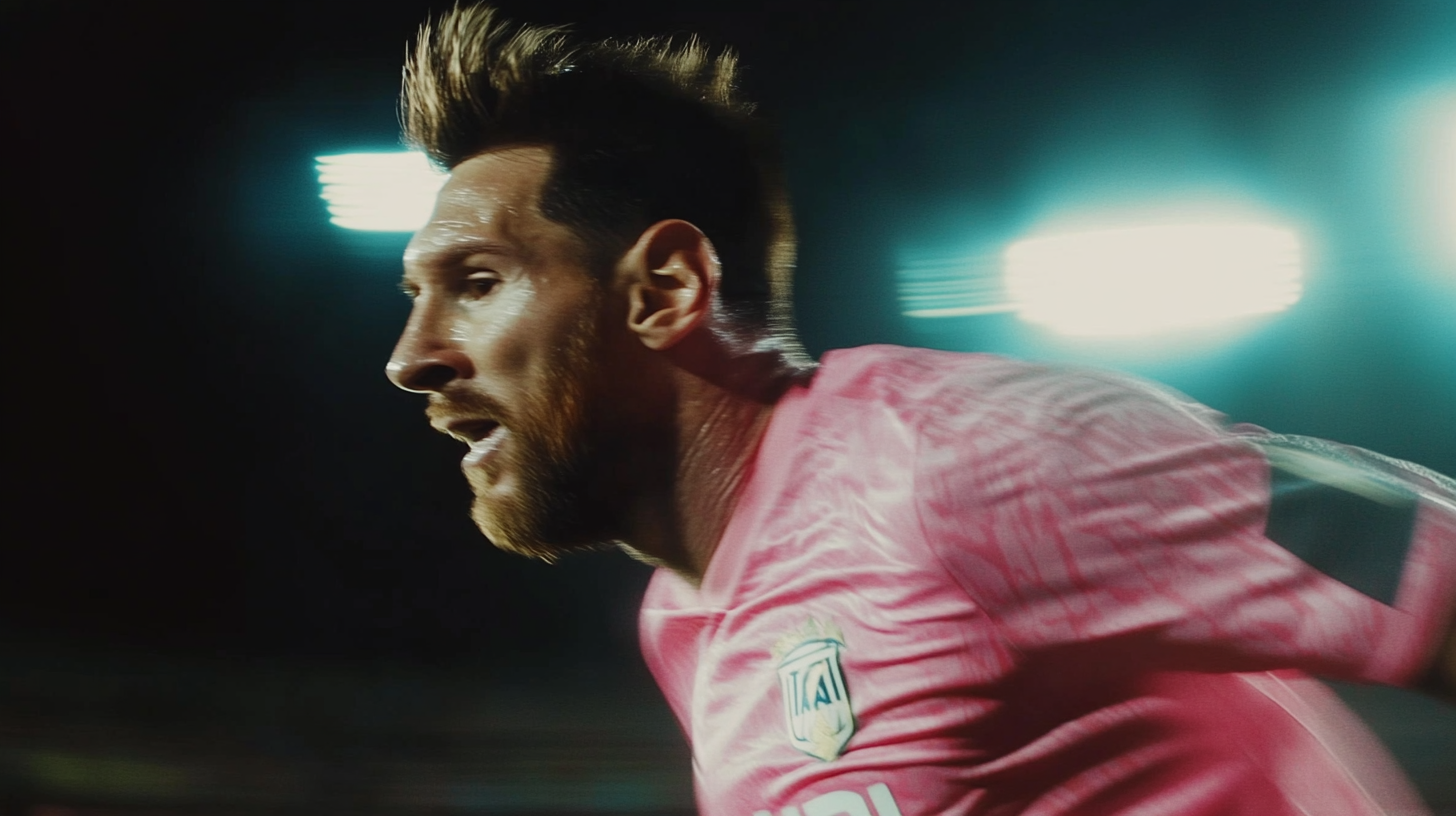 Close-up of Messi running in pink uniform