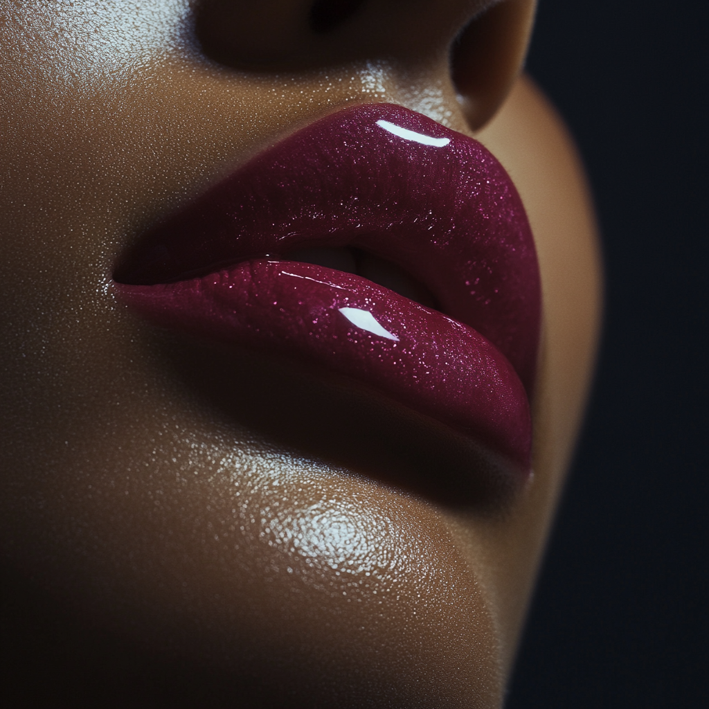 Close-up of Southeast Asian woman's glossy pink lips.