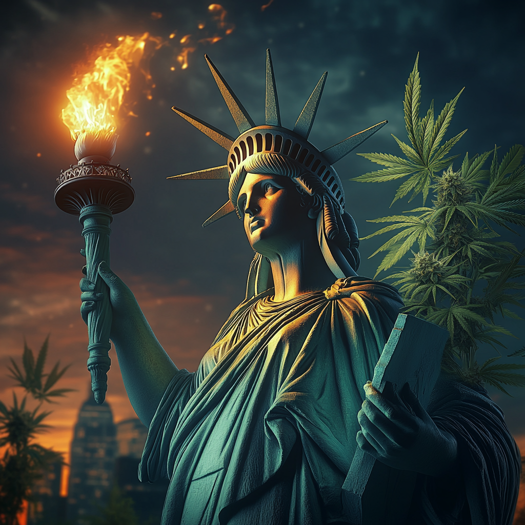 Close-up of Statue of Liberty with cannabis leaves replacing spikes, torch with glowing cannabis leaf. Bright, vibrant sunrise background.