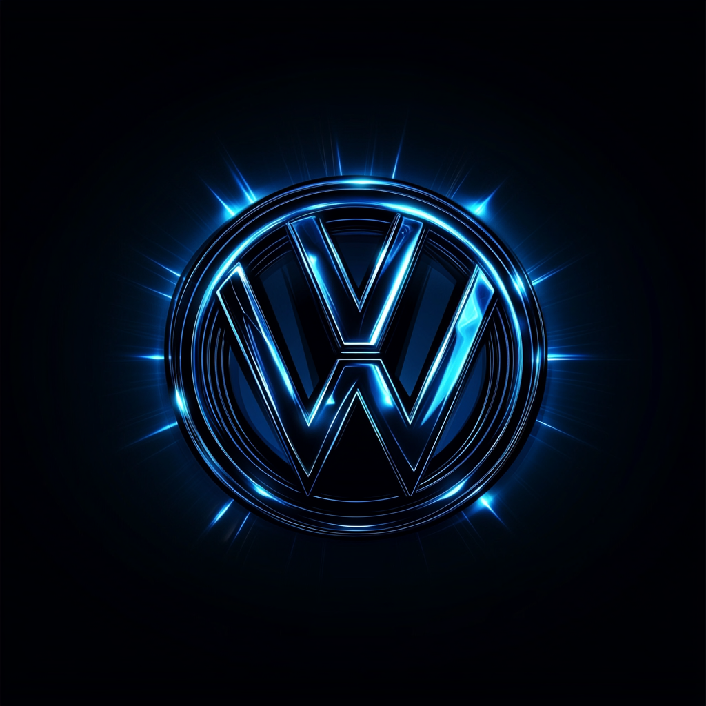 Close up of Volkswagen logo with blue light.